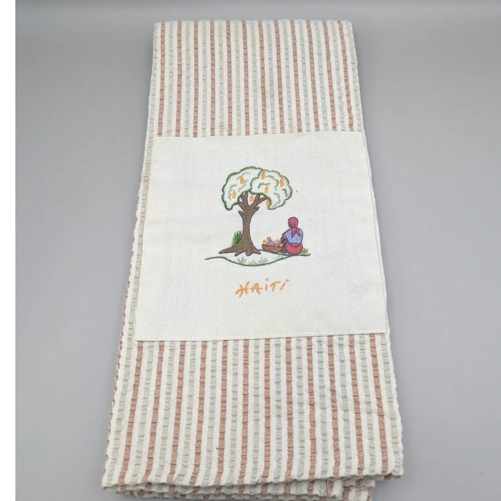 Le Centre Haiti Handmade Embroidered Tea Towel Striped Seersucker Folk Art‎